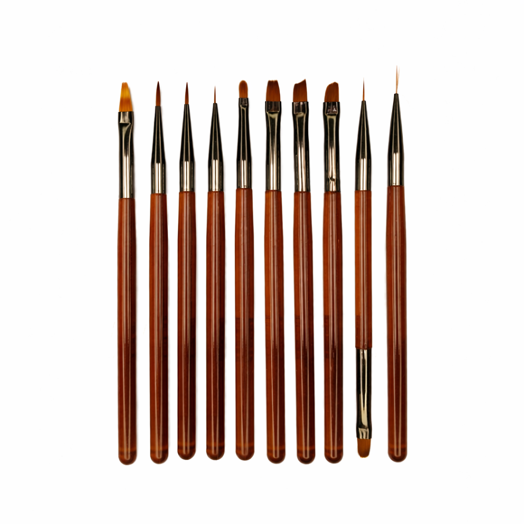 Professional Nail Art Brush Set, Double-Ended French Liner Brushes, Builder Painting Design Tools, Dotting Pen for Gel Polish, Brown (9pcs) 1021