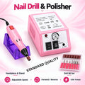 Pink 12W nail drill and polisher with adjustable speed, forward-reverse control, handpiece stand and drill bit set.