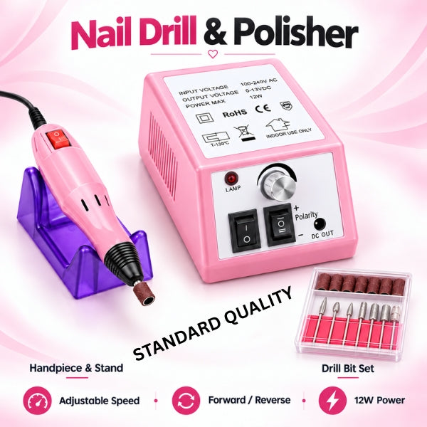 Pink 12W nail drill and polisher with adjustable speed, forward-reverse control, handpiece stand and drill bit set.