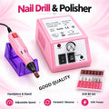 Pink 12W nail drill and polisher with adjustable speed, forward-reverse control, handpiece stand and drill bit set.