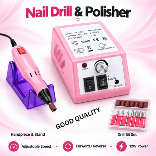 Pink 12W nail drill and polisher with adjustable speed, forward-reverse control, handpiece stand and drill bit set.