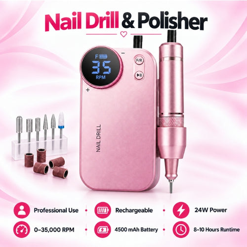 Pink 24W rechargeable nail drill and polisher with 35,000 RPM speed, 4500mAh battery, drill bits and matching handpiece.