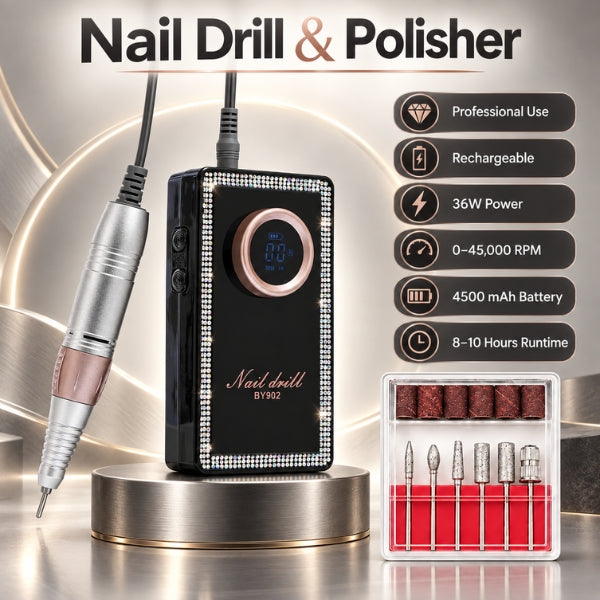 Black nail drill machine with rose gold trim and a matching drill bit pen, shown on a metallic stand with a battery pack and bit set. Text on the image highlights features like 36W power, 4500 RPM, 4500 mAh battery, and 8-10 hours runtime.