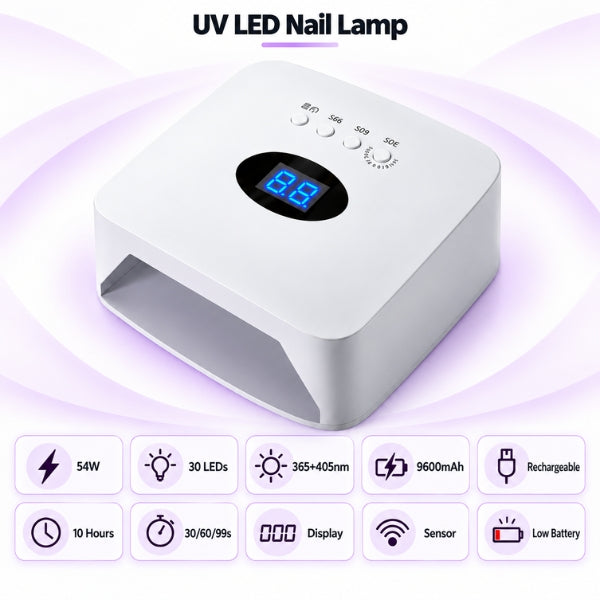 White 54W rechargeable UV LED nail lamp with 30 LEDs, 9600mAh battery, digital timer display and hand sensor.