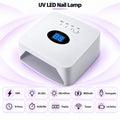White 54W rechargeable UV LED nail lamp with 30 LEDs, 9600mAh battery, digital timer display and hand sensor.