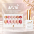 SAVNI Golden Cat Eye card with six gold, pink, nude and red swatches, six matching nail tips and a white gold-cap bottle.