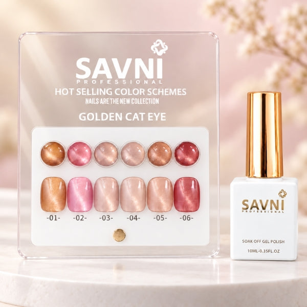 SAVNI Golden Cat Eye card with six gold, pink, nude and red swatches, six matching nail tips and a white gold-cap bottle.