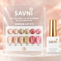 SAVNI Mirror Cat Eye card with six metallic swatches and matching nail tips numbered 07–12 beside a white gold-cap bottle. 07 TO 12