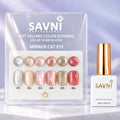 SAVNI Mirror Cat Eye display card with six metallic round swatches, six matching nail tips and a white bottle with gold cap. 01 TO 06