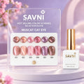 SAVNI Muscat Cat Eye display card with six round swatches, six matching nail tips and a white 10 ml bottle with gold cap.