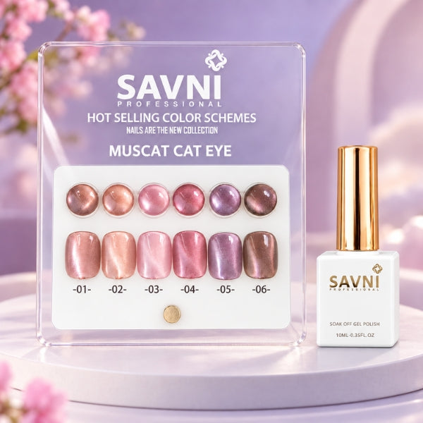 SAVNI Muscat Cat Eye display card with six round swatches, six matching nail tips and a white 10 ml bottle with gold cap.