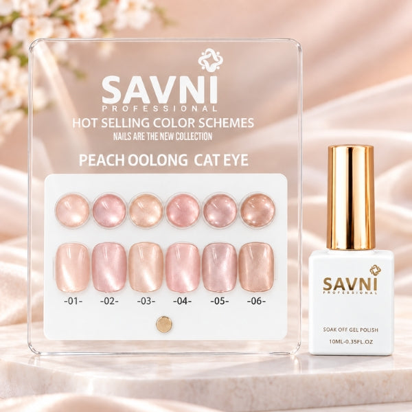 SAVNI Peach Oolong Cat Eye card with six peach and pink round swatches, six matching nail tips and a white gold-cap bottle.