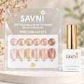 SAVNI Pinecone Cat Eye card with six nude, peach and brown swatches, six matching nail tips and a white gold-cap bottle.