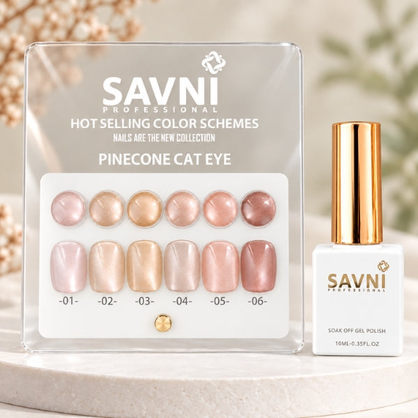 SAVNI Pinecone Cat Eye card with six nude, peach and brown swatches, six matching nail tips and a white gold-cap bottle.