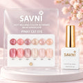 SAVNI Pinky Cat Eye display card with six pink and nude round swatches, six matching nail tips and a white gold-cap bottle.