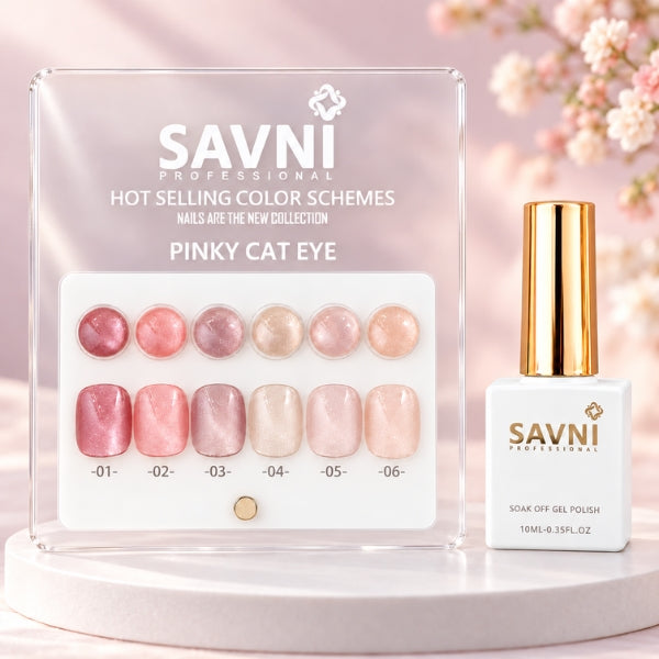 SAVNI Pinky Cat Eye display card with six pink and nude round swatches, six matching nail tips and a white gold-cap bottle.