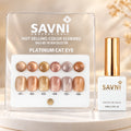 SAVNI Platinum Cat Eye display card with six metallic round swatches, six matching nail tips and a white bottle with gold cap.