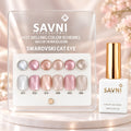 SAVNI Swarovski Cat Eye display card with six shimmer swatches, six matching nail tips and a white bottle with gold cap.