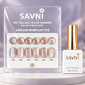 SAVNI Vintage Worn Cat Eye display card with six pastel round swatches, six matching nail tips and a gold-cap bottle.