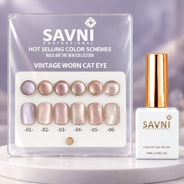 SAVNI Vintage Worn Cat Eye display card with six pastel round swatches, six matching nail tips and a gold-cap bottle.