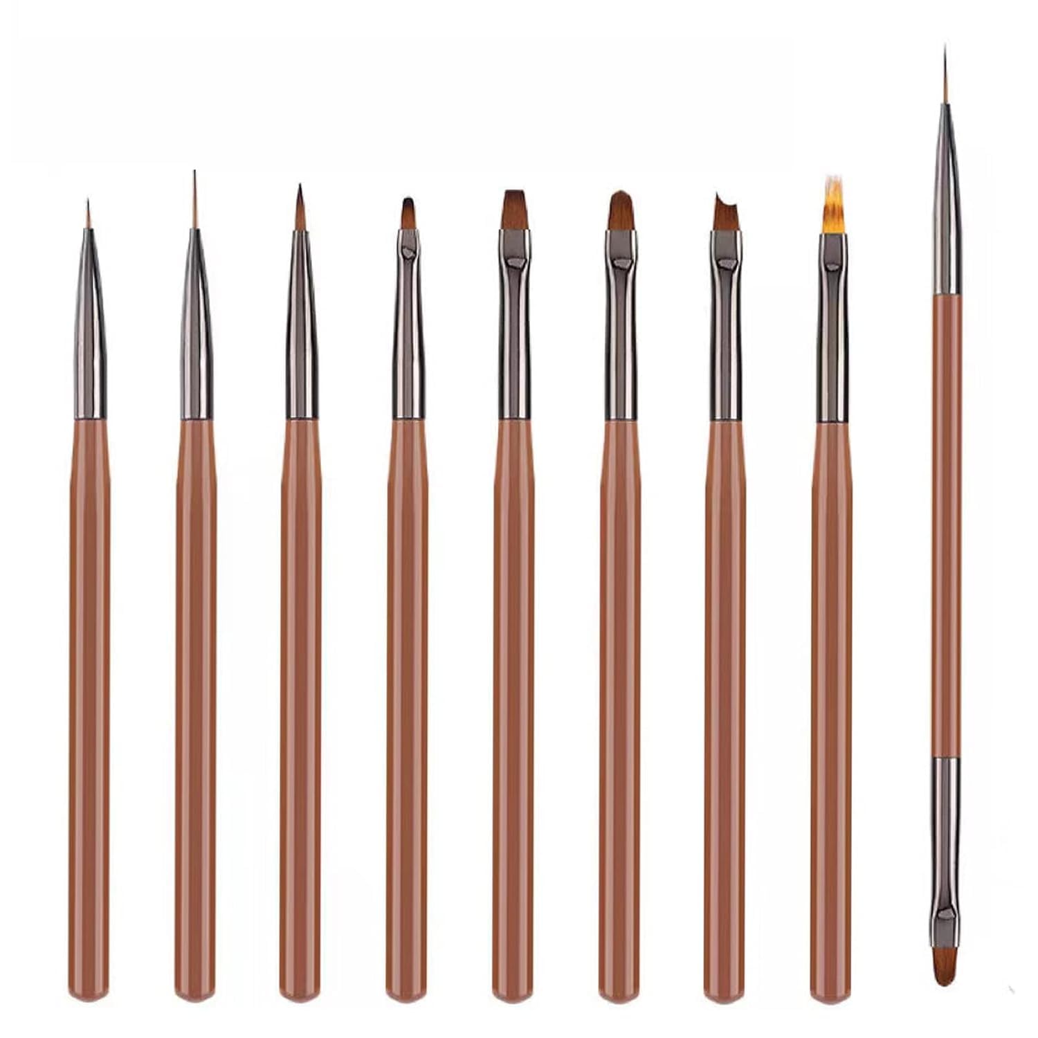 Professional Nail Art Brush Set, Double-Ended French Liner Brushes, Builder Painting Design Tools, Dotting Pen for Gel Polish, Brown (9pcs) 1021