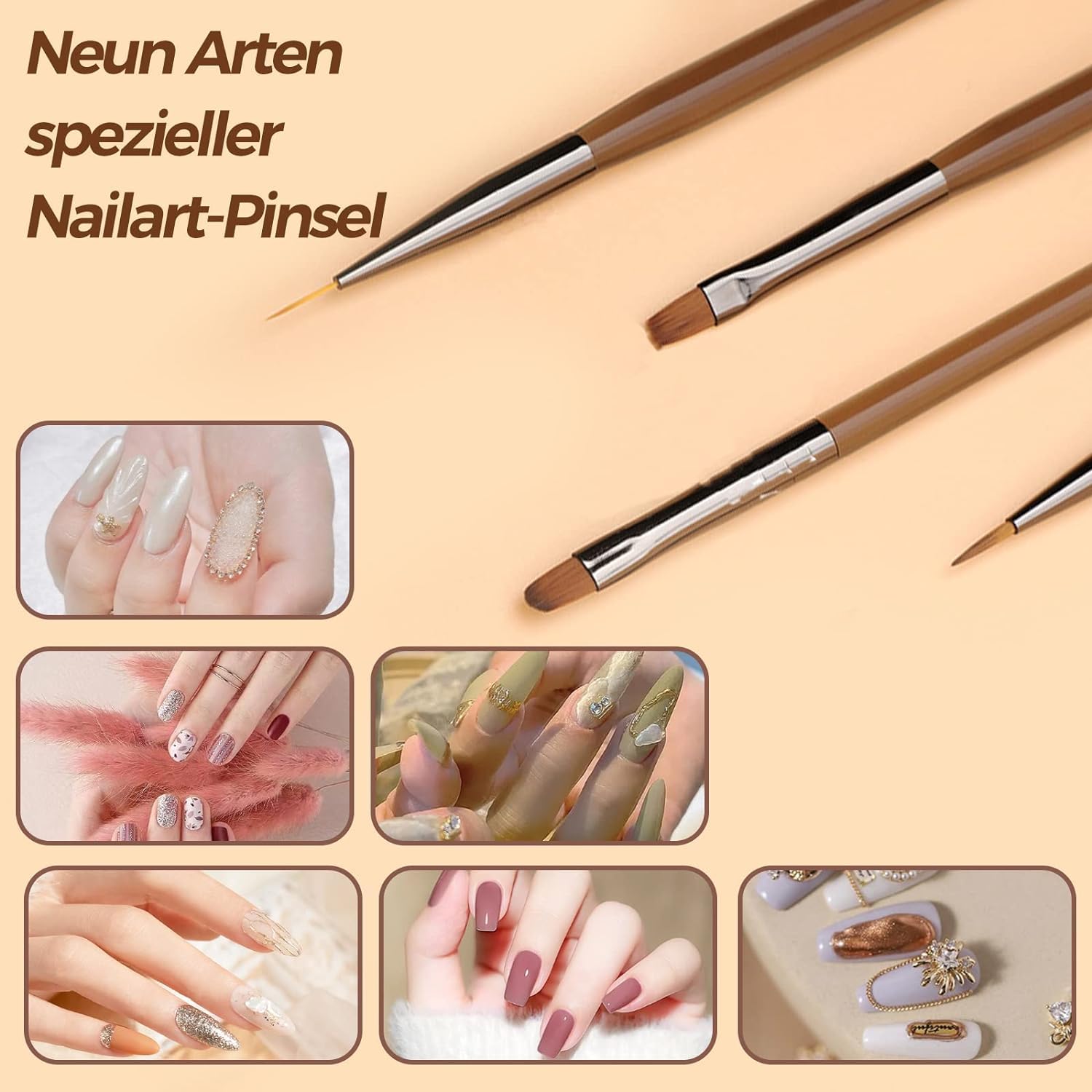 Professional Nail Art Brush Set, Double-Ended French Liner Brushes, Builder Painting Design Tools, Dotting Pen for Gel Polish, Brown (9pcs) 1021