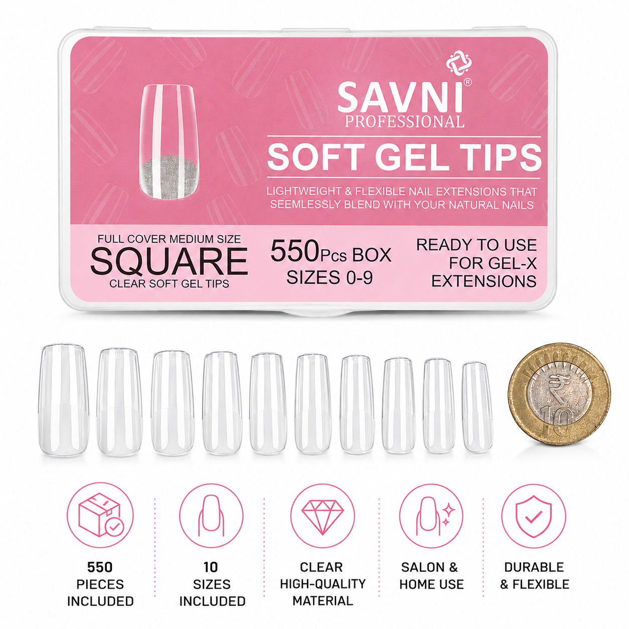 Square Soft Gel Nail Tips – 550 Pieces, 10 Sizes (  1112  )