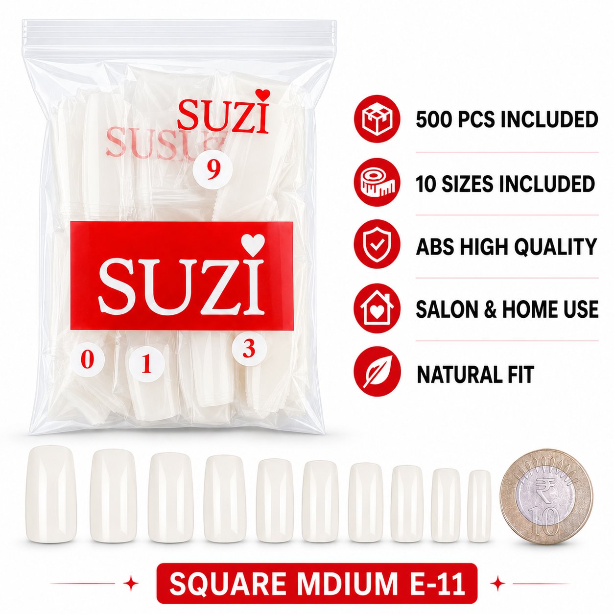 Medium Square Nail Tips – 500 Pieces, 10 Sizes E-11  (  1115  )