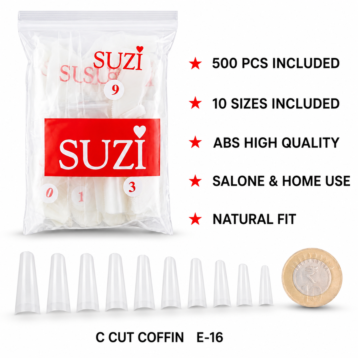 C-Curve Coffin Nail Extension Tips – 500 Pieces, 10 Sizes E-16 ( 1123 )