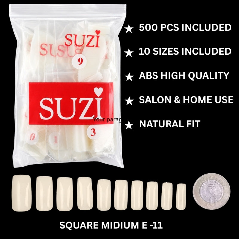 Medium Square Nail Tips – 500 Pieces, 10 Sizes E-11  (  1115  )
