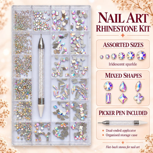 AB nail art rhinestone kit with assorted round sizes and geometric shapes in a divided case with a dual-ended picker pen. FOR NAIL ART USE