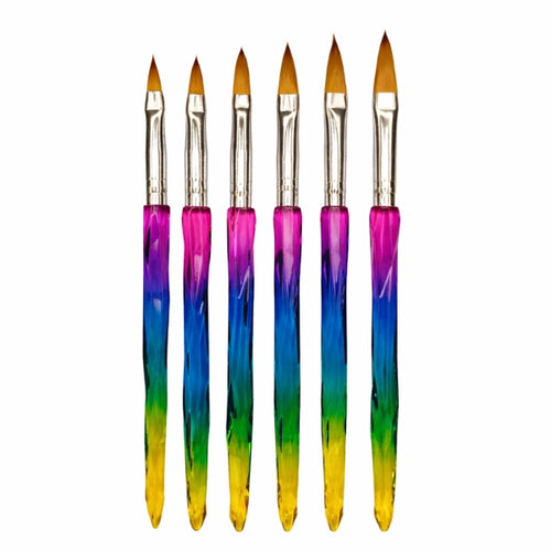 Six acrylic nail brushes with faceted rainbow handles, silver-tone ferrules and pointed brown bristles in varied sizes.