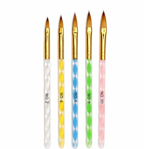 Acrylic nail brush set with five colourful spiral handles, gold ferrules and pointed bristles, in sizes 2, 4, 6, 8 and 10.