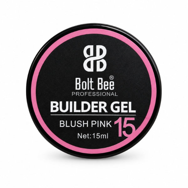 A round black container of Bolt Bee Professional Builder Gel in the shade Blush Pink 15, shown on a clean white background. USE IN NAIL ART EXTENTION