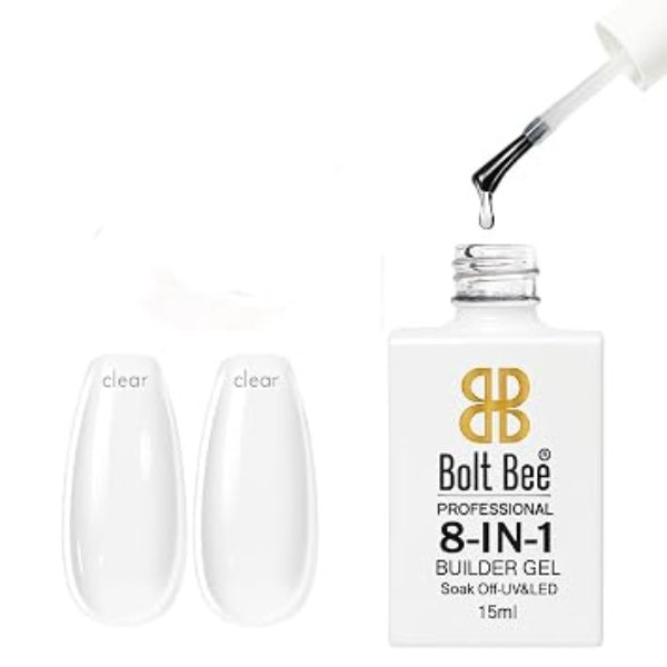 Bolt Bee Professional 8-In-1 Builder Gel soak on/UV-LED gel nail polish bottle with a brush applicator dripping clear gel, shown next to two clear nail tips on a white background. USE IN NAIL ART EXTENTION
