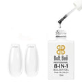 Bolt Bee Professional 8-In-1 Builder Gel soak on/UV-LED gel nail polish bottle with a brush applicator dripping clear gel, shown next to two clear nail tips on a white background. USE IN NAIL ART EXTENTION