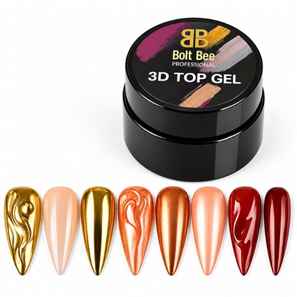 A black jar of Bolt Bee Professional 3D Top Gel with six sample nail tips displaying different metallic and glossy finish options, set against a plain white background. USE IN NAIL ART EXTENTION