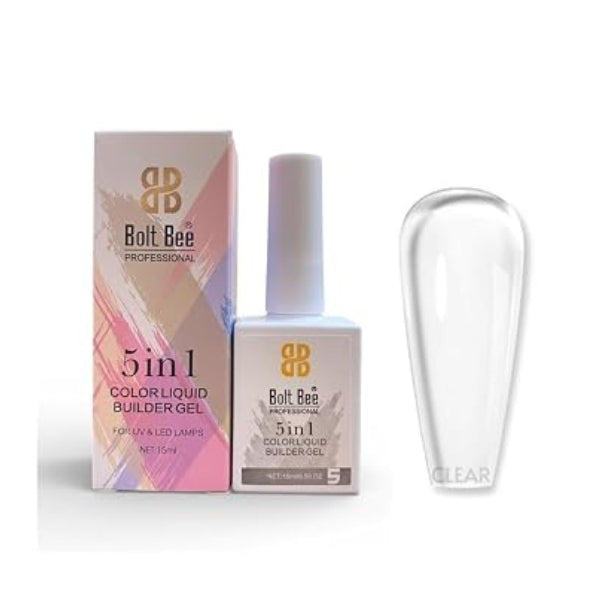 Bolt Bee 5-in-1 Color Liquid Builder Gel set, featuring a pink and gold retail box, a white bottle with a white cap, and a clear artificial nail tip on a white background. USE IN NAIL ART EXTENTION