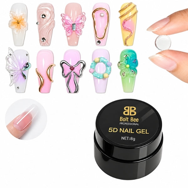 Bolt Bee 5D Nail Gel in a black jar, shown alongside various decorated false nails featuring pink, gold, green, and butterfly designs, plus a hand demonstrating the clear gel application. USE IN NAIL ART EXTENTION