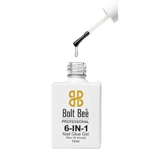 A bottle of Bolt Bee Professional 6-in-1 Nail Glue Gel with a brush applicator dripping gel above the open bottle, on a white background. USE IN NAIL ART EXTENTION
