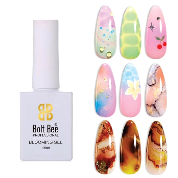 Bolt Bee gel bottle with colorful nail art samples on a white background USED IN NAIL ART EXTENTION