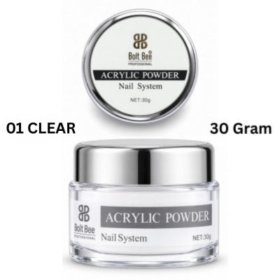 A clear jar of Bolt Bee Professional Acrylic Powder Nail System shown with its lid above on a white background, labeled '01 CLEAR' and '30 Gram'. USE IN NAIL ART EXTENTION