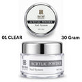 A clear jar of Bolt Bee Professional Acrylic Powder Nail System shown with its lid above on a white background, labeled '01 CLEAR' and '30 Gram'. USE IN NAIL ART EXTENTION