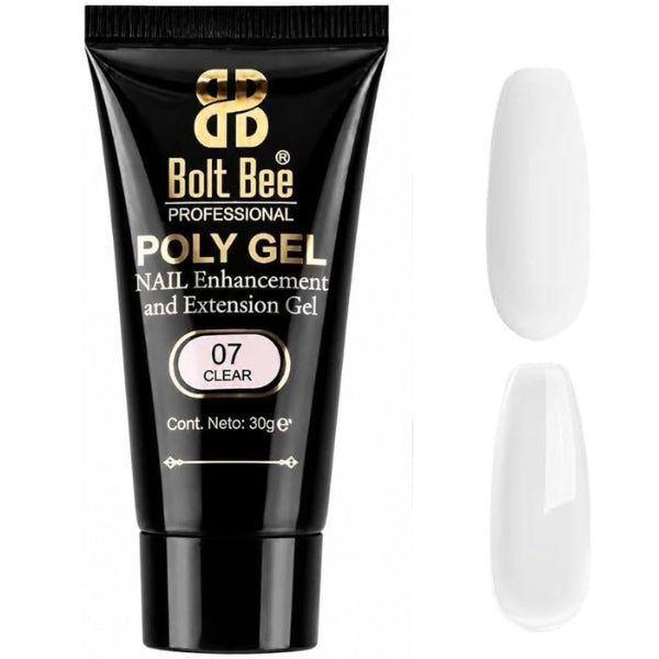 A black tube of Bolt Bee Professional Poly Gel nail enhancement and extension gel, shade 07 Clear, shown next to two white nail tip swatches on a plain white background. USE IN NAIL ART EXTENTION