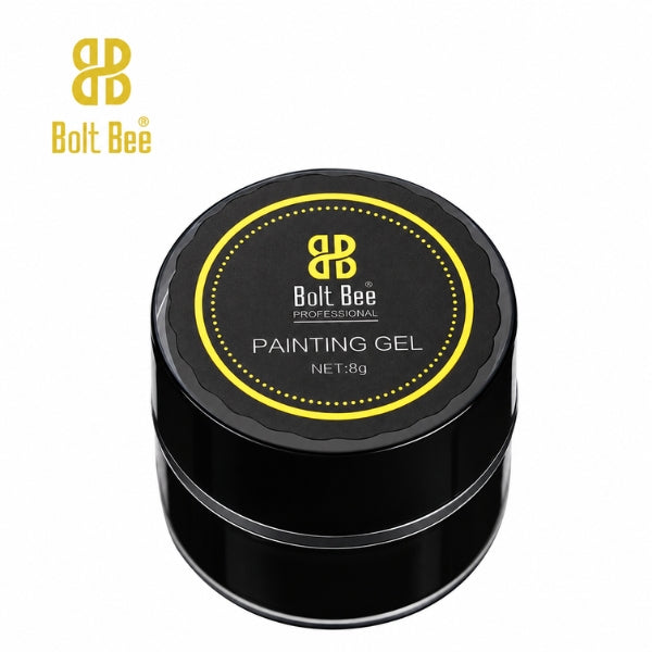 A black cylindrical tin of Bolt Bee Professional Painting Gel with a yellow and black label, shown on a white background with the Bolt Bee logo in the top left corner. USE IN NAIL ART EXTENTION