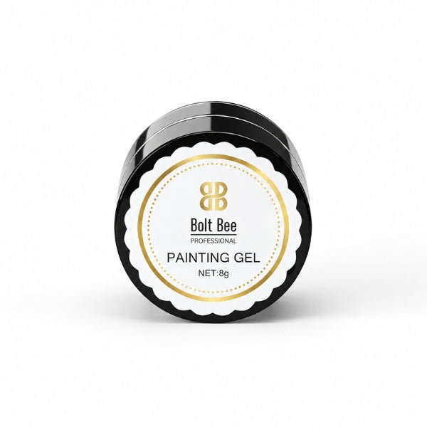 A small round jar of Bolt Bee Professional Painting Gel, featuring a black plastic container with a white and gold scalloped label on a clean white background. USE IN NAIL ART EXTENTION