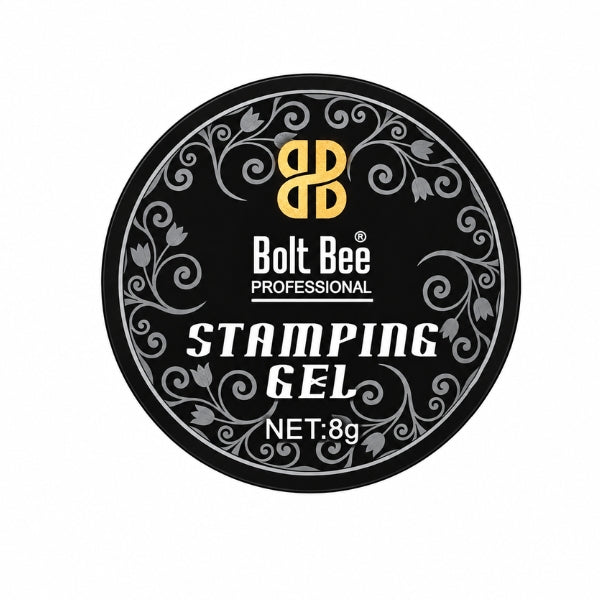 A round black tin of Bolt Bee Professional Stamping Gel with a gold and white logo and decorative swirls, shown on a plain white background. USE IN NAIL ART EXTENTION