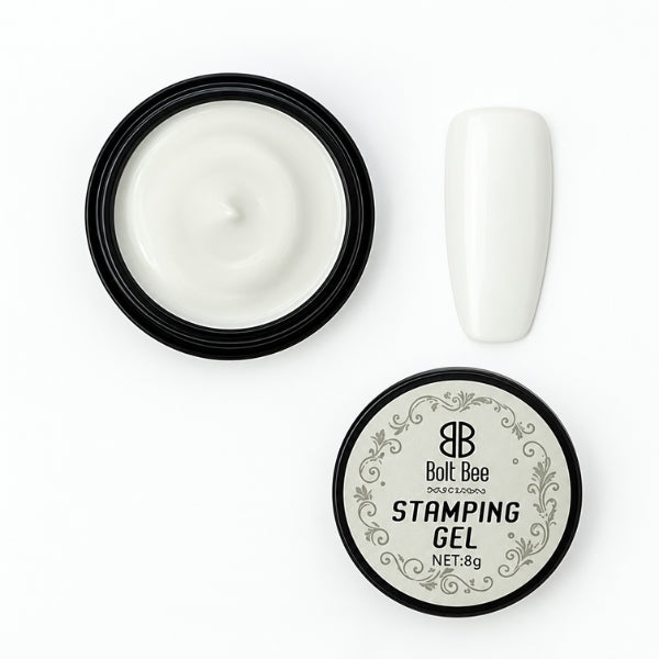 Bolt Bee Nail Art Stamping Gel in a round black jar, shown open with white gel inside next to a white artificial nail tip, and the lid below with the Bolt Bee logo and product name. USE IN NAIL ART EXTENTION