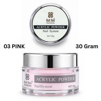 Bolt Bee Professional Acrylic Powder Nail System in shade 03 Pink, 30 Gram. The image shows the silver-lidded jar containing the pink powder, with a separate top-down view of the lid above it on a white background. USE IN NAIL ART EXTENTION