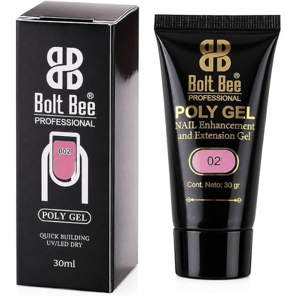 Bolt Bee Professional Poly Gel nail enhancement and extension gel in shade 02, shown as a black squeeze tube next to its black retail box. USE IN NAIL ART EXTENTION